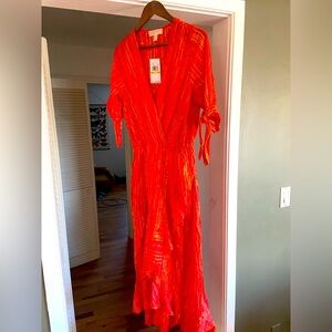 Micheal Kors red-orange maxi dress size Med with gold threading weave